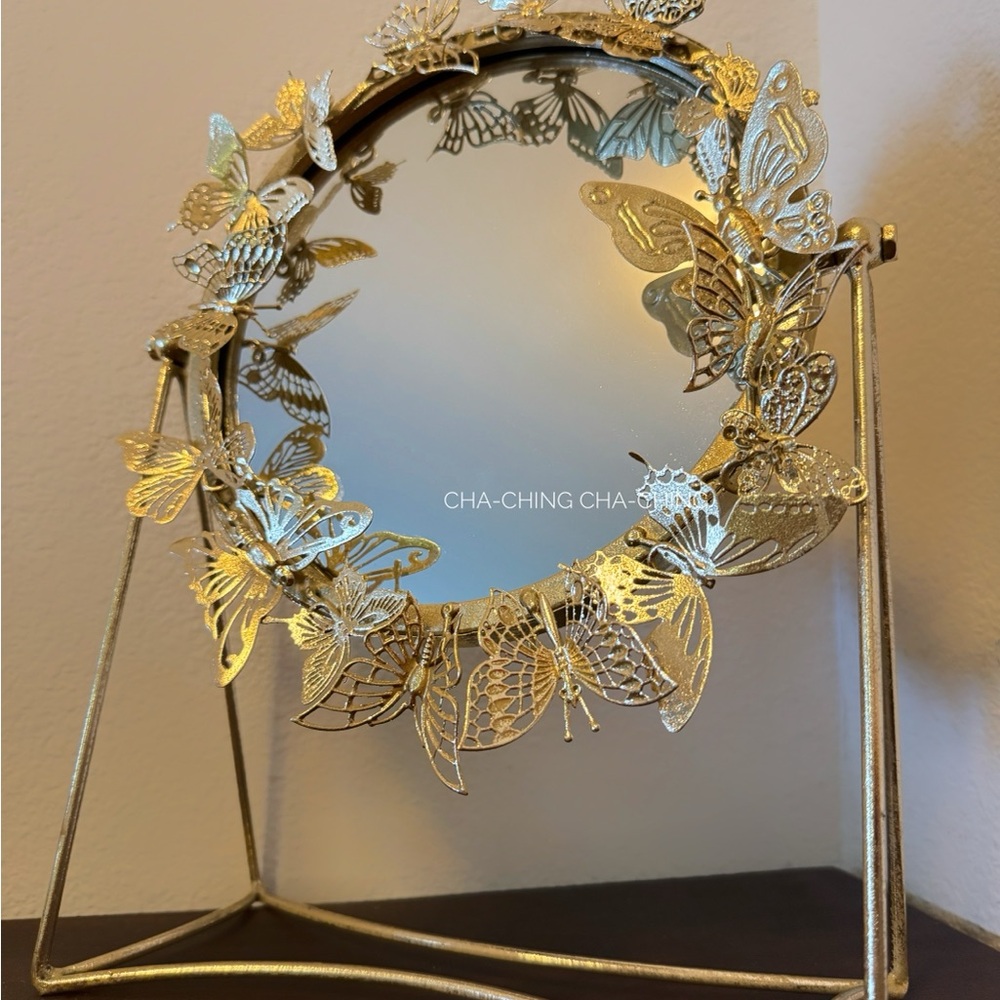 Vintage Gold Metal Round 3D Butterfly Standing Mirror